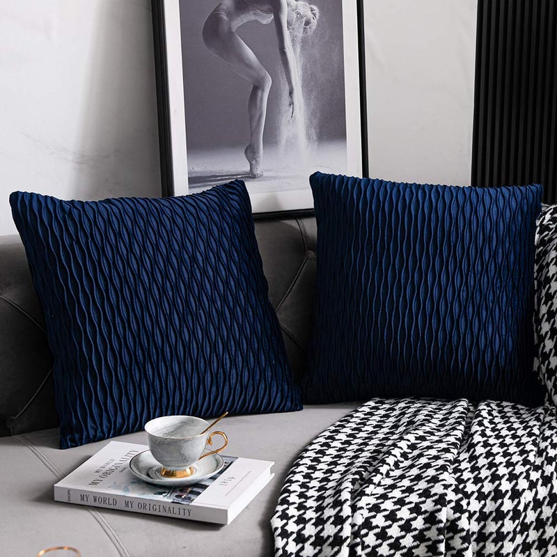 DEZENE Navy Striped Couch Pillow Cases: 2 Pack 20x20 Inch Original Velvet Square Throw Pillow Covers for Farmhouse Home Decor - Image 2